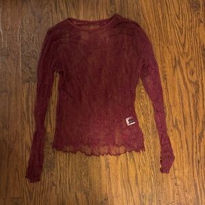 Elegant Sheer Lace Long Sleeve Top - Burgundy